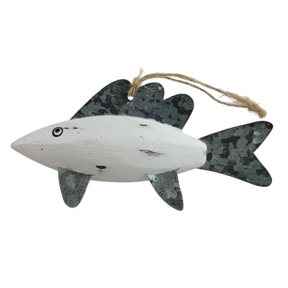 Christmas Ornament Fish White Wood Silver Metal Fins Lightweight Decor Distress - Picture 2 of 7